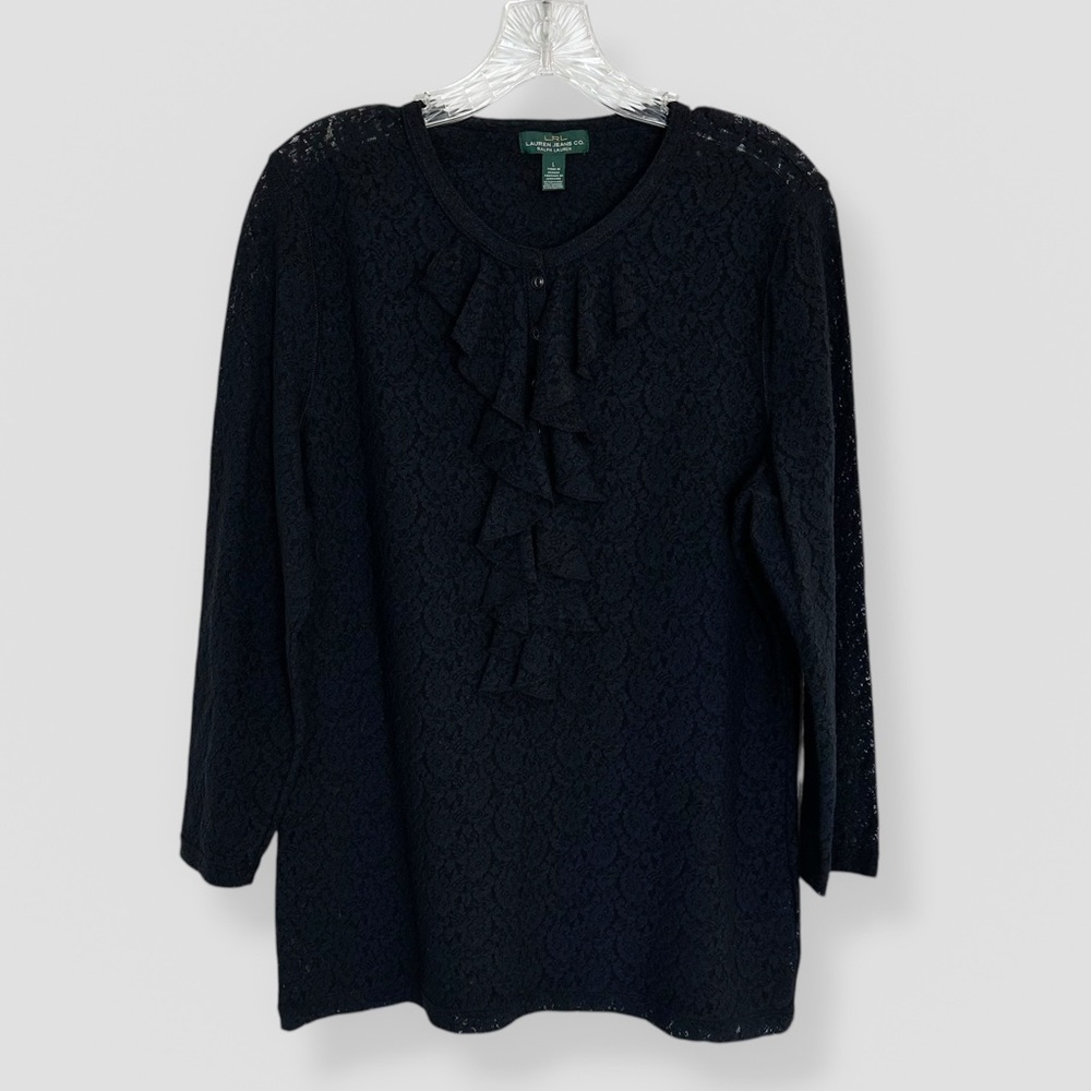 LRL Ralph Lauren Jeans Co. Size Large Long Sleeve Ruffle Front Black Lace Blouse
